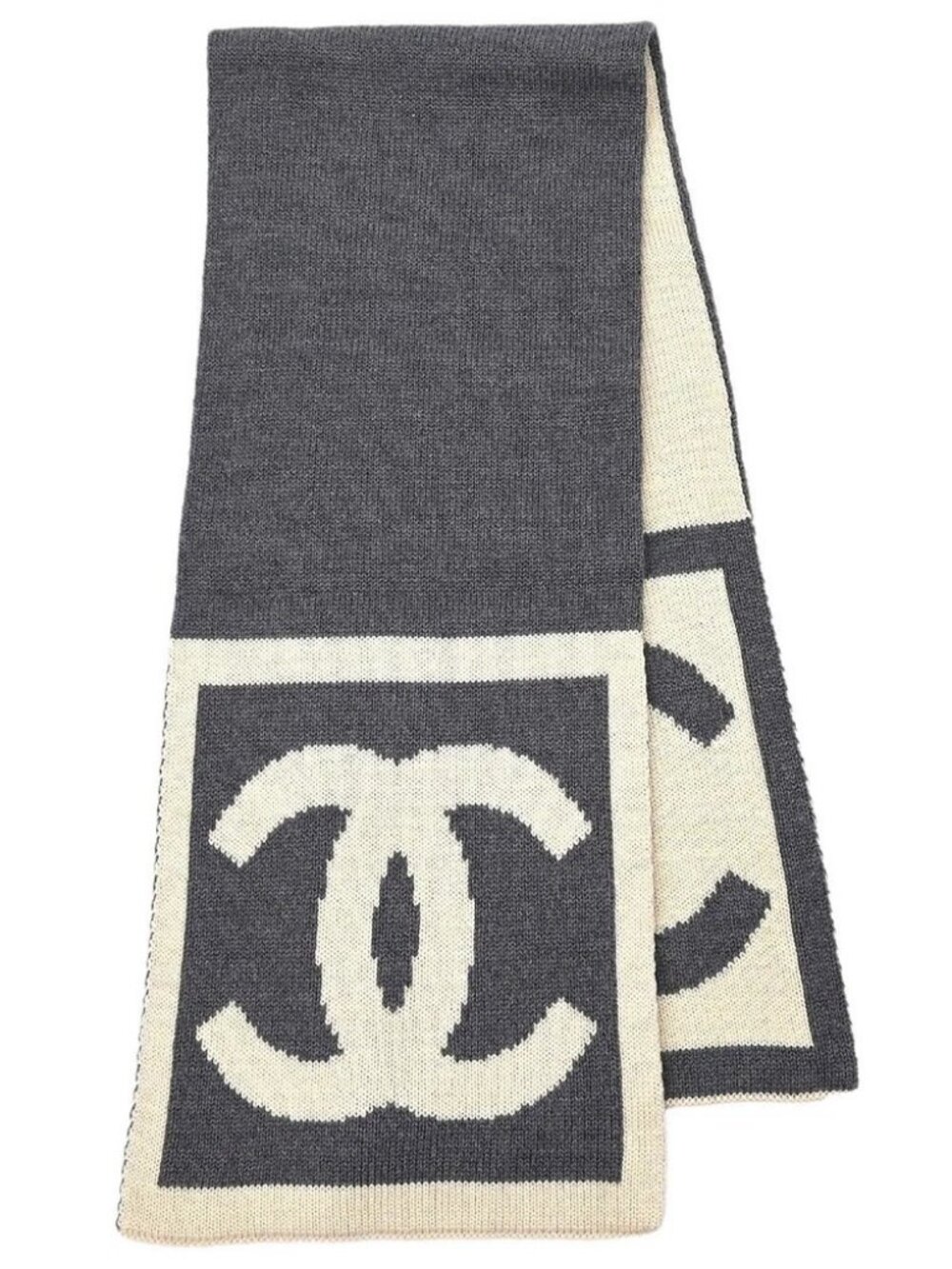Chanel Sport Line Scarf Shawl Muffler White Gray Small Good 166016